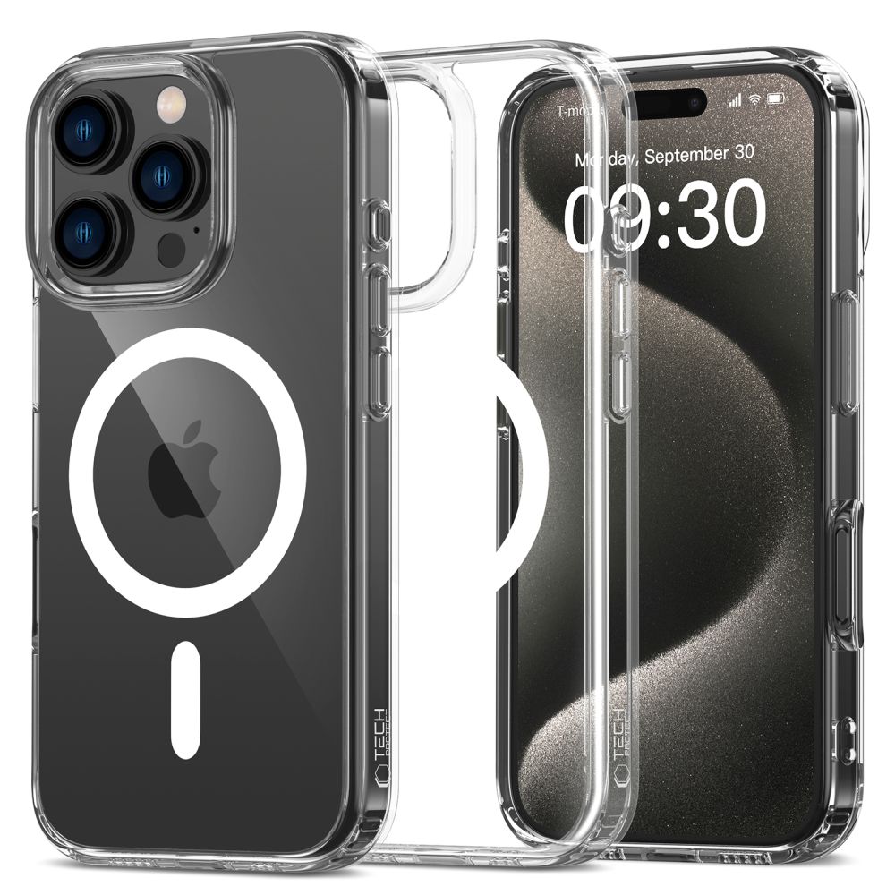 Skaidrus dėklas Apple Iphone 16 Pro Tech-Protect FlexAir Hybrid Magsafe Skaidrus dėklas Apple Iphone 16 Pro Tech-Protect FlexAir Hybrid Magsafe su aiškia permatoma medžiaga ir baltu Magnetinio krovimo ženklo simboliu