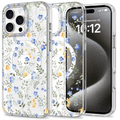 Spring Flower deklas telefonui Apple Iphone 16 Pro Max Tech-Protect Magmood Magsafe su melynu ir gelsvu gelyciu raštu