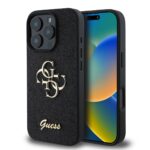 Juodas dėklas Guess PU Fixed Glitter su metaliniu logotipu Apple iPhone 16 Pro Max telefonui
