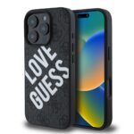 Juodas dėklas Guess PU Leather 4G Big Love Logo MagSafe telefonui Apple iPhone 16 Pro Max su baltu 4G logotipu ir tekstu Love Guess