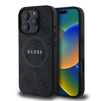 Juodas dėklas Guess PU Leather 4G Colored Ring MagSafe telefonui Apple iPhone 16 Pro Max su matine oda ir reljefiniu paviršiumi