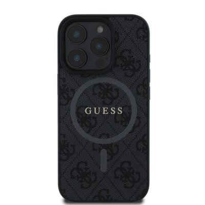 Juodas dėklas Guess PU Leather 4G Colored Ring MagSafe telefonui Apple iPhone 16 Pro Max su tekstūra ir logotipu