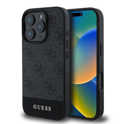Pilkas originalus dėklas Guess PU 4G Stripe telefonui Apple Iphone 16 Pro Max su tekstūruotu paviršiumi ir logotipu