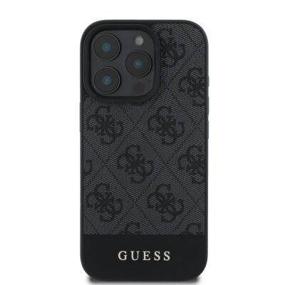 pilkas originalus dekla guess pu 4g stripe telefonui apple iphone 16 pro max su raštu ir logotipu