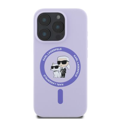 Purpurinis dėklas Karl Lagerfeld Liquid Silicone Karl and Choupette MagSafe telefonui Apple Iphone 16 Pro Max su animaciniu Karl Lagerfeld ir Choupette piešiniu