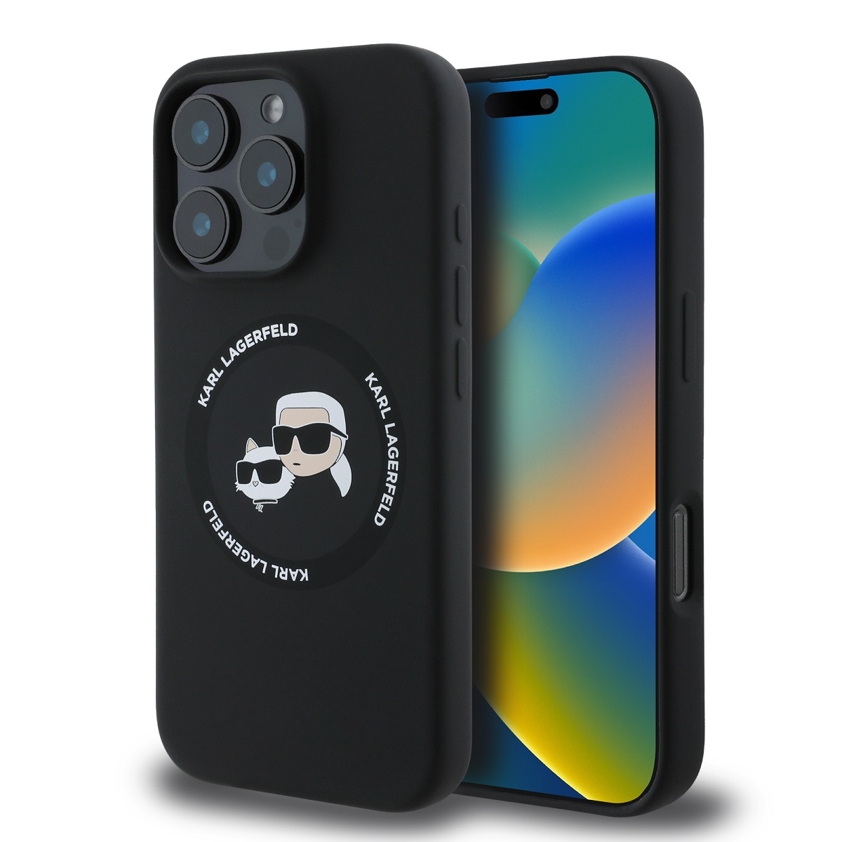 Juodas dėklas KKarl Lagerfeld Liquid Silicone KCH Heads MagSafe Juodas dėklas KKarl Lagerfeld Liquid Silicone KCH Heads MagSafe telefonui Apple Iphone 16 Pro Max su išskirtiniu logo