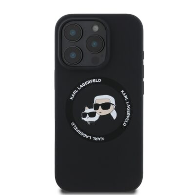 Juodas dėklas KKarl Lagerfeld Liquid Silicone K&CH Heads MagSafe iPhone 16 Pro Max telefonui su paveiksleliu