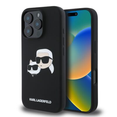 Juodas dėklas Karl Lagerfeld Liquid Silicone Double Heads MagSafe telefonui Apple Iphone 16 Pro Max su išskirtiniu dizainu