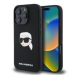 Juodas dėklas Karl Lagerfeld Liquid Silicone Karl Head MagSafe telefonui Apple Iphone 16 Pro Max su baltu piešiniu ir tamsiomis kamera