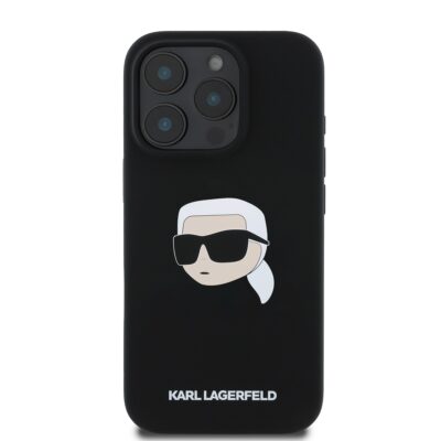 Juodas dėklas Karl Lagerfeld Liquid Silicone Karl Head MagSafe telefonui Apple Iphone 16 Pro Max su grafiniu personažu ir logotipu