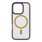 Juodas-geltonas dėklas Apple Iphone 16 Pro su magnetiniu žiedu baltame fone