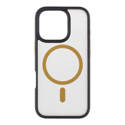 Juodas-geltonas dėklas Apple Iphone 16 Pro su magnetiniu žiedu baltame fone