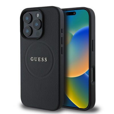 Juodas dėklas Guess PU Grained Classic Logo MagSafe telefonui Apple iPhone 16 Pro su natūralios tekstūros paviršiumi ir logotipu