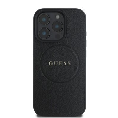Juodas dėklas Guess PU Grained Classic Logo MagSafe telefonui Apple iPhone 16 Pro su odos imitacijos tekstūra ir metaliniu logotipu