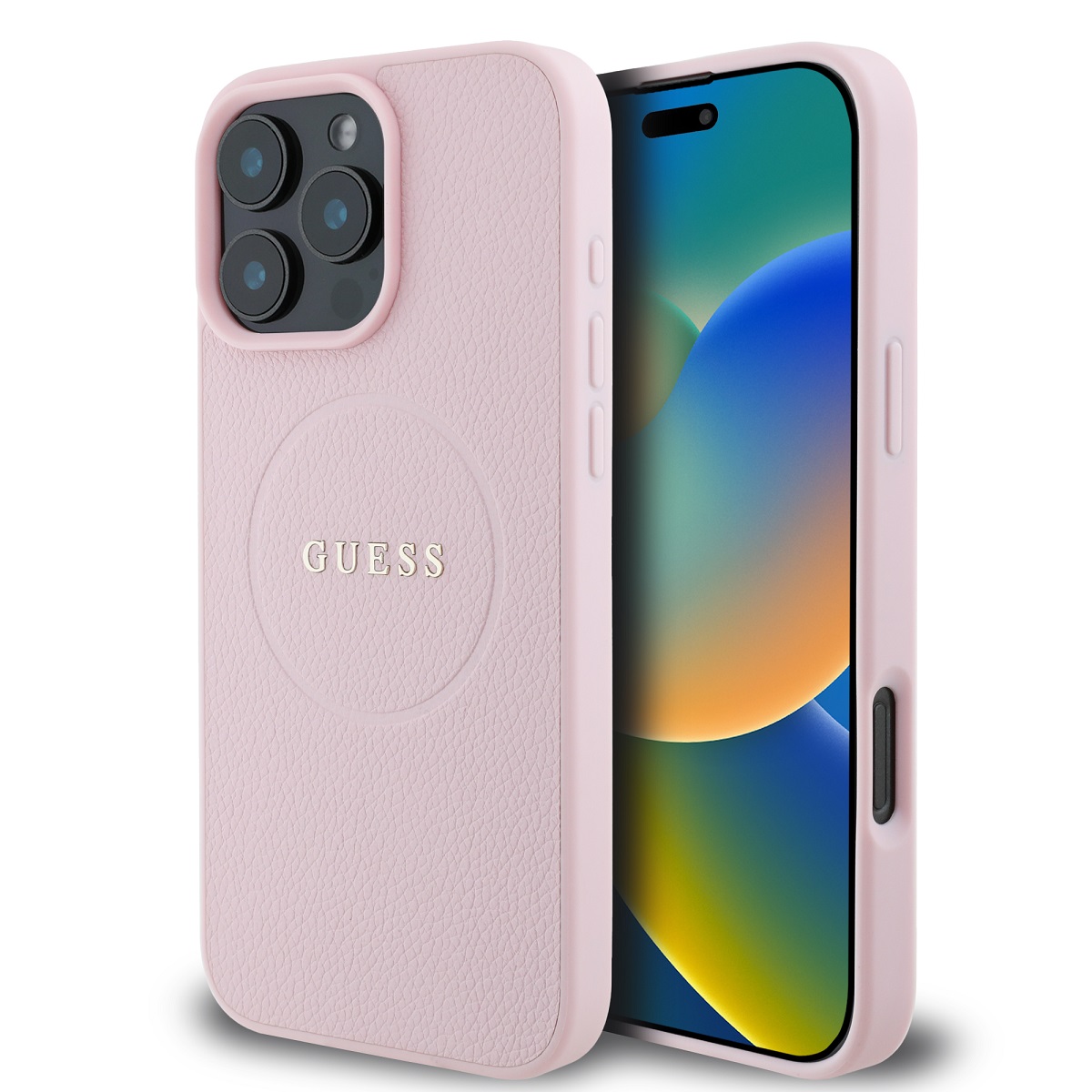 Rausvas dėklas Guess PU Grained Classic Logo MagSafe iPhone 16 Pro Rausvas dėklas Guess PU Grained Classic Logo MagSafe telefonui Apple iPhone 16 Pro su tekstūruota oda ir logotipu