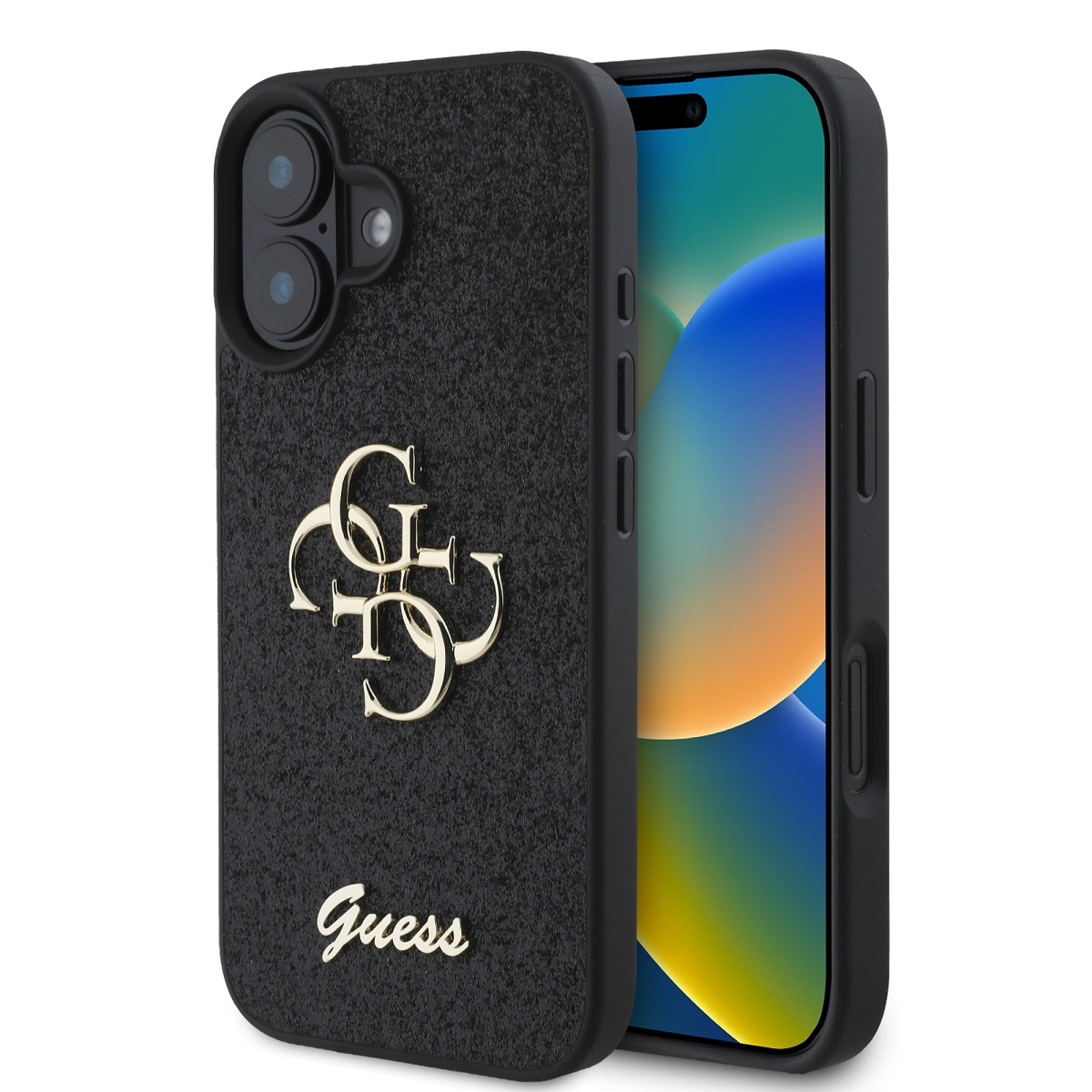 Juodas originalus dėklas Guess PU Fixed Glitter 4G Metal Logo Juodas originalus dėklas Guess PU Fixed Glitter 4G Metal Logo telefonui Apple iPhone 16 Plus su auksiniu metaliniu logotipu