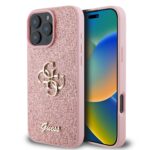 Rožinis originalus dėklas Guess PU Fixed Glitter 4G Metal Logo telefonui Apple iPhone 16 Pro su blizgiu paviršiumi ir metaliniu logotipu
