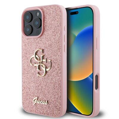 Rožinis originalus dėklas Guess PU Fixed Glitter 4G Metal Logo telefonui Apple iPhone 16 Pro su blizgiu paviršiumi ir metaliniu logotipu
