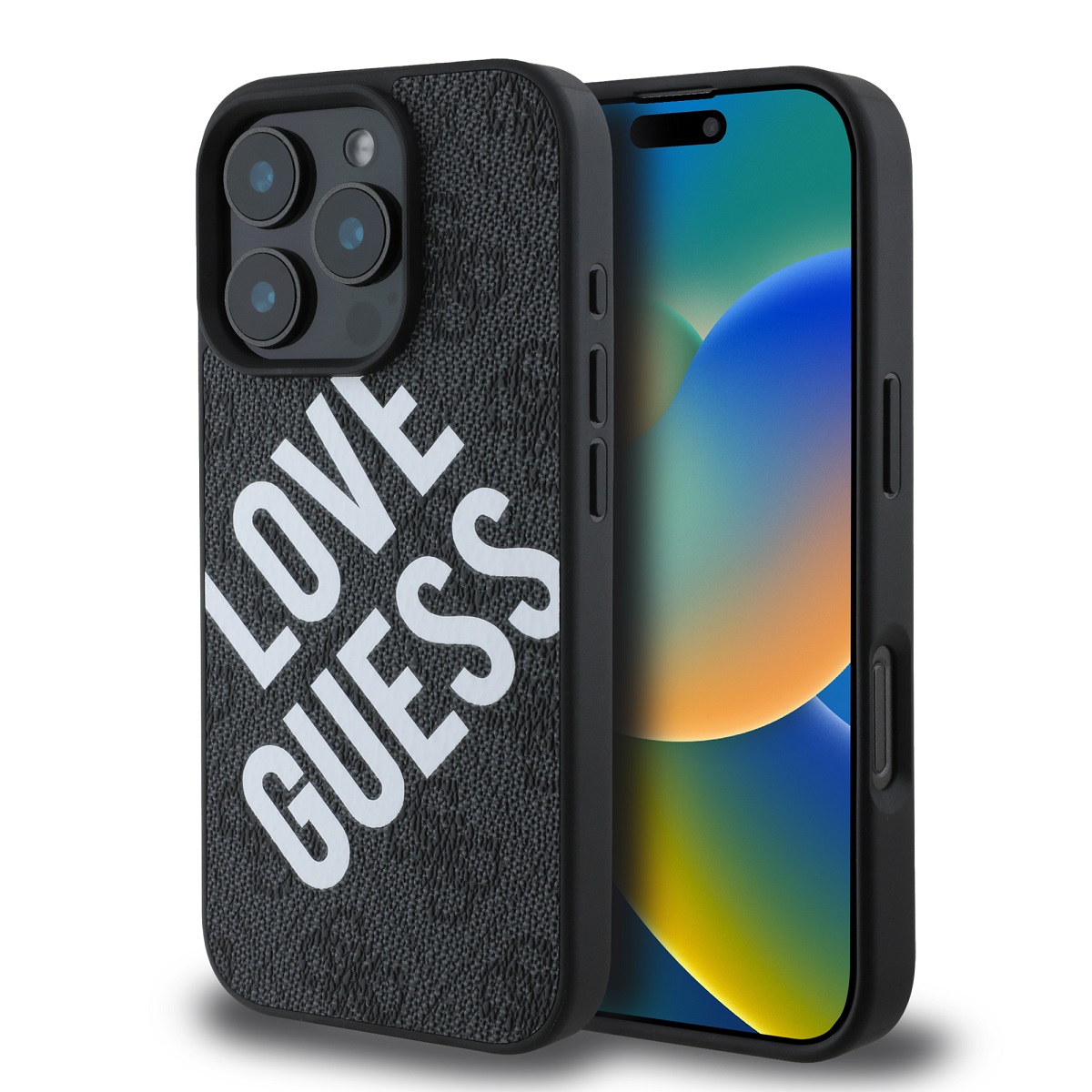 Juodas dėklas Guess PU Leather 4G Big Love Logo MagSafe iPhone 16 Pro Juodas dėklas Guess PU Leather 4G Big Love Logo MagSafe telefonui Apple iPhone 16 Pro su baltu LOVE GUESS užrašu