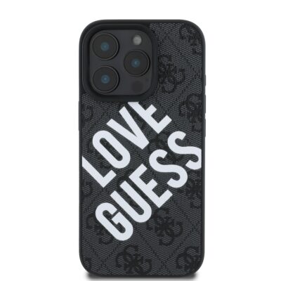 Juodas dėklas Guess PU Leather 4G Big Love Logo MagSafe telefonui Apple iPhone 16 Pro su baltu užrašu Love Guess