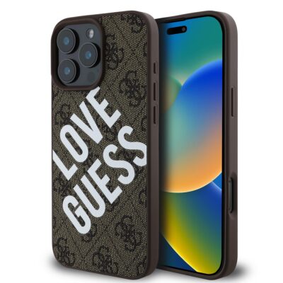 Rudas dėklas Guess PU Leather 4G Big Love Logo MagSafe telefonui Apple iPhone 16 Pro su dideliu baltu užrašu LOVE GUESS