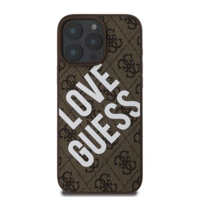 Rudas dėklas Guess PU Leather 4G Big Love Logo MagSafe telefonui Apple iPhone 16 Pro su baltu užrašu LOVE GUESS ant tekstūruoto paviršiaus