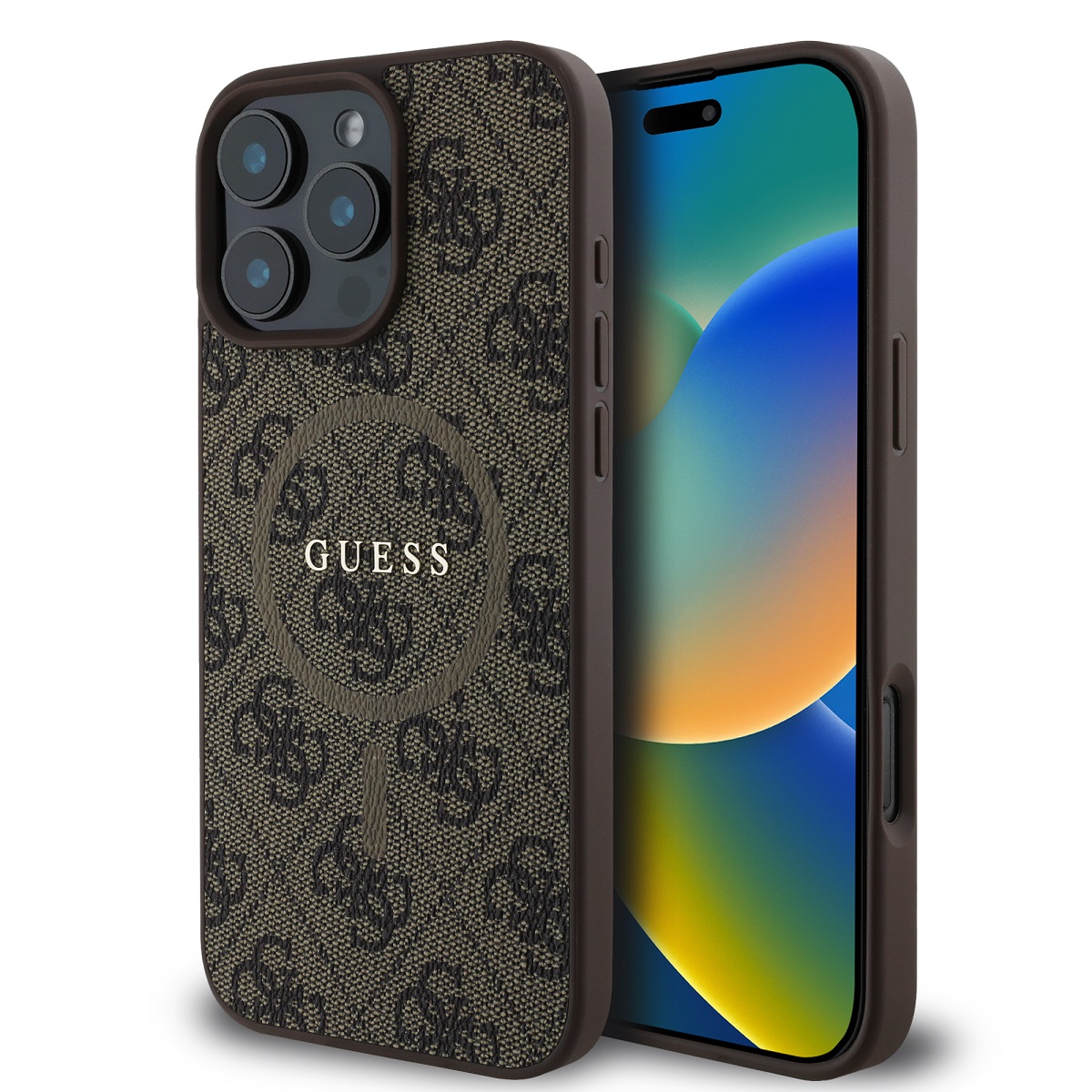 Rudas dėklas Guess PU Leather 4G Colored Ring MagSafe Rudas dėklas Guess PU Leather su MagSafe funkcija Apple iPhone 16 Pro telefonui