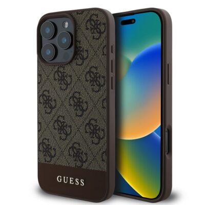 Rudas originalus dėklas Guess PU 4G Stripe telefonui Apple Iphone 16 Pro, su tekstūruota faktūra ir logotipais