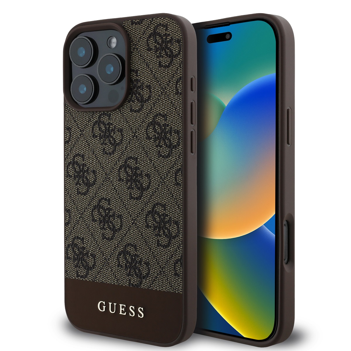 Rudas originalus dėklas Guess PU 4G Stripe telefonui Apple Iphone 16 Pro Rudas originalus dėklas Guess PU 4G Stripe telefonui Apple Iphone 16 Pro, su tekstūruota faktūra ir logotipais