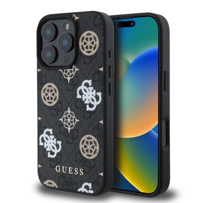 Juodas dėklas Guess PU 4G Peony MagSafe telefonui Apple Iphone 16 Pro su logotipais ir raštais