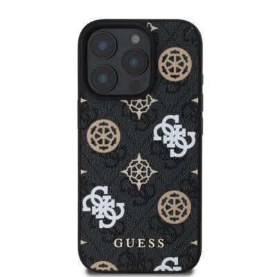 Juodas dėklas Guess PU 4G Peony MagSafe telefonui Apple Iphone 16 Pro su raštuotais simboliais