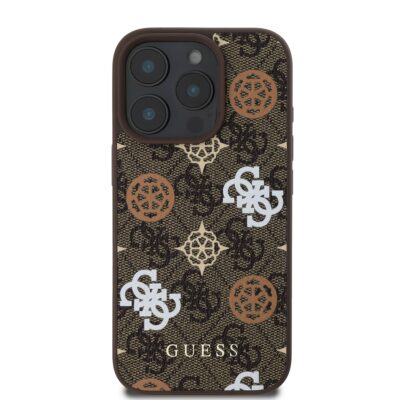 Rudas dėklas Guess PU 4G Peony MagSafe telefonui Apple Iphone 16 Pro su raštuotu dizainu ir logotipu