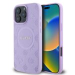 Purpurinis dėklas Guess Saffiano Peony Stamp MagSafe telefonui Apple Iphone 16 Pro su iškiliais raštais ir logotipu