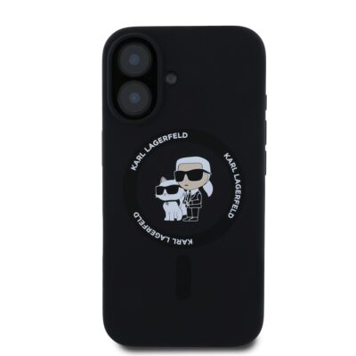 Juodas dėklas Karl Lagerfeld Liquid Silicone Karl and Choupette MagSafe telefonui Apple Iphone 16 Plus su firminiu piešiniu