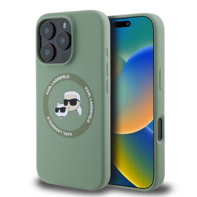 Kaki dėklas Karl Lagerfeld Liquid Silicone Karl and Choupette MagSafe telefonui Apple Iphone 16 Pro