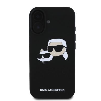 Juodas dėklas Karl Lagerfeld Liquid Silicone Double Heads MagSafe telefonui Apple iPhone 16 Plus su stilizuotu žmogaus ir katės piešiniu