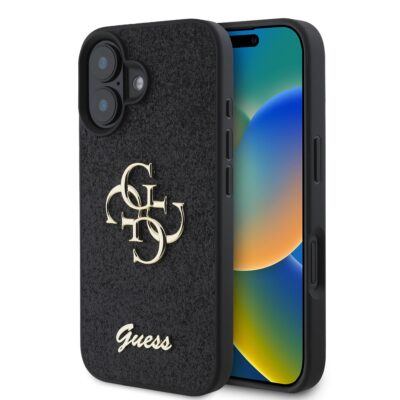 Juodas originalus dėklas Guess PU Fixed Glitter 4G Metal Logo telefonui Apple iPhone 16 su auksiniu logotipu