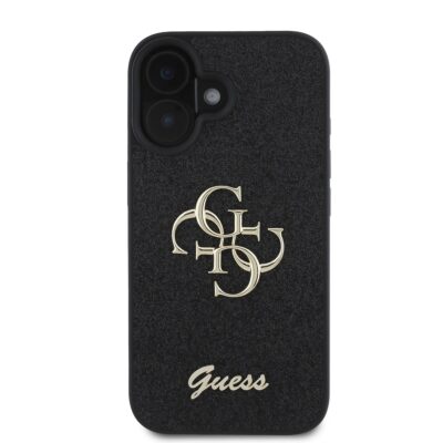 Juodas originalus dėklas Guess PU Fixed Glitter 4G Metal Logo Apple iPhone 16 telefonui su blizgiu paviršiumi ir metaliniu logotipu