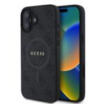 Juodas dėklas Guess PU Leather su spalvotu žiedu MagSafe telefonui Apple iPhone 16