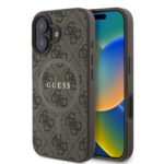 rudas deklas guess pu leather 4g colored ring magsafe telefonui apple iphone 16 su ruda tekstura ir logotipu