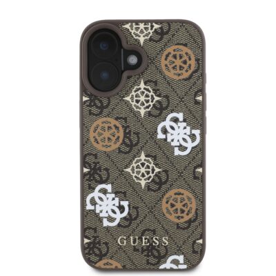 Rudas dėklas Guess PU 4G Peony MagSafe telefonui Apple Iphone 16 su ornamentais ir logotipais