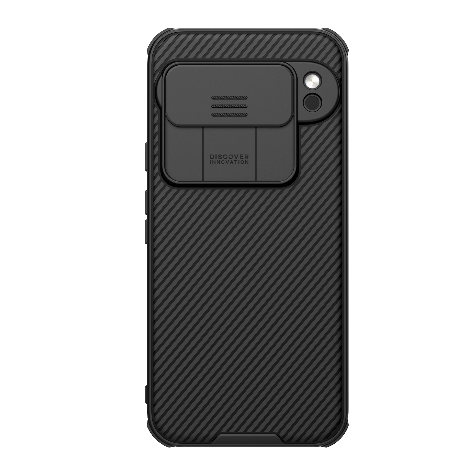 Juodas dėklas Google Pixel 9 Pro Nillkin Camshield Juodas dėklas Google Pixel 9 Pro Nillkin Camshield su kameros uždengimo sklende ir raštuota tekstūra