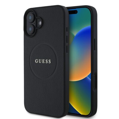 Juodas dėklas Guess PU Grained Classic Logo MagSafe telefonui Apple iPhone 16 su grūdėto paviršiaus tekstūra ir iškilusiu logotipu