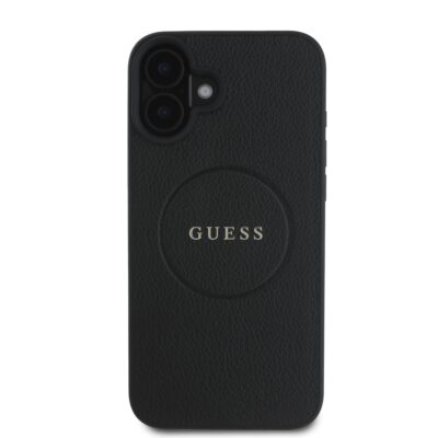 Juodas dėklas Guess PU Grained Classic Logo MagSafe telefonui Apple iPhone 16 su tekstūra ir logotipu