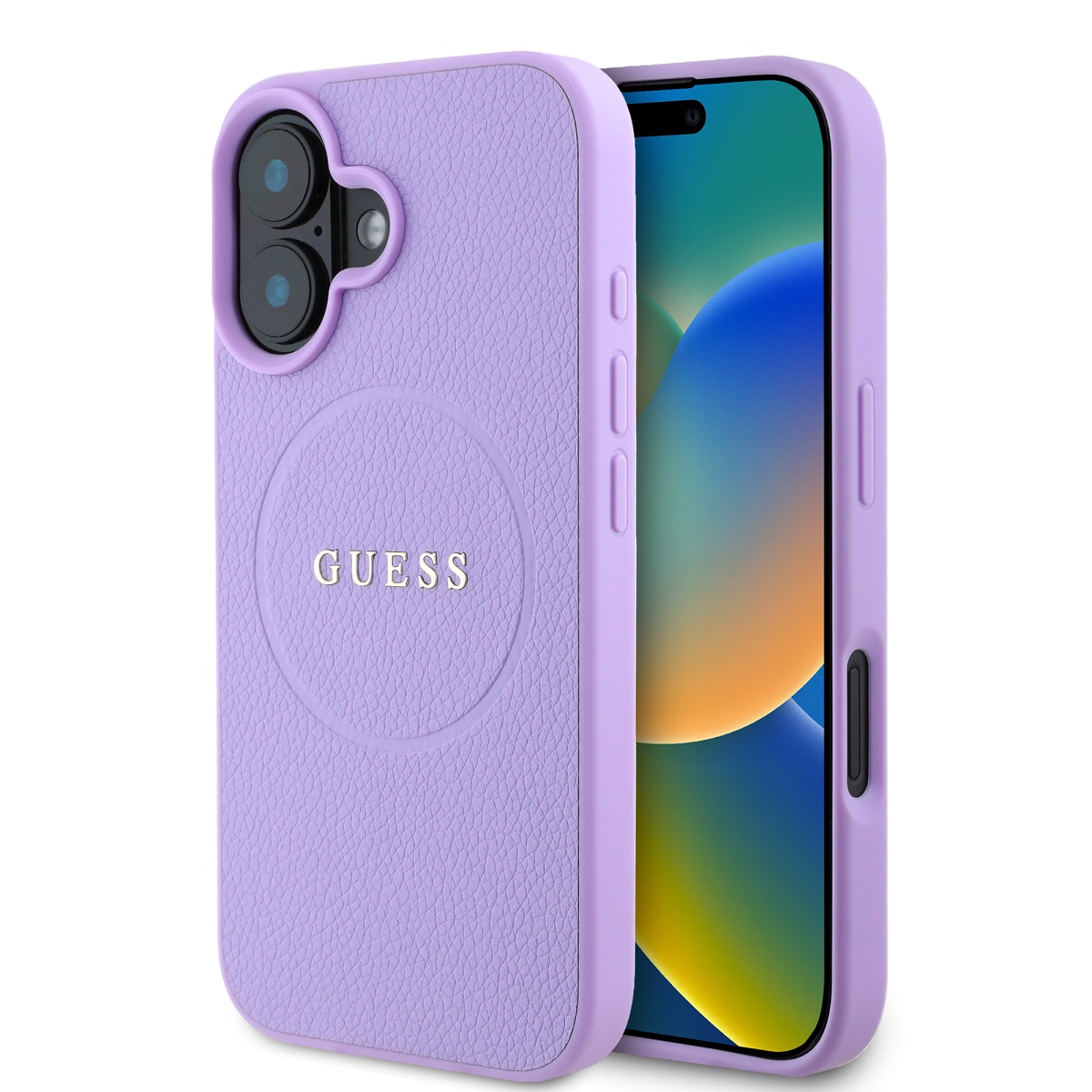 Purpurinis dėklas Guess PU Grained Classic Logo MagSafe telefonui Apple iPhone 16 Purpurinis dėklas Guess PU Grained Classic Logo MagSafe telefonui Apple iPhone 16 su tekstūruotu paviršiumi ir logotipu