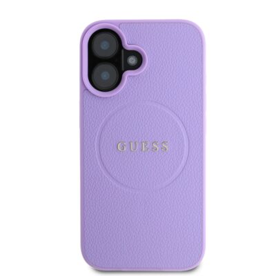 Purpurinis dėklas Guess PU Grained Classic Logo MagSafe telefonui Apple iPhone 16 su reljefiniu raštu ir iškaltu logotipu
