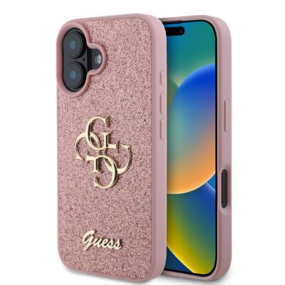 Rausvas originalus dėklas Guess PU Fixed Glitter 4G Metal Logo telefonui Apple iPhone 16 su blizgiu paviršiumi ir metaliniu logotipu