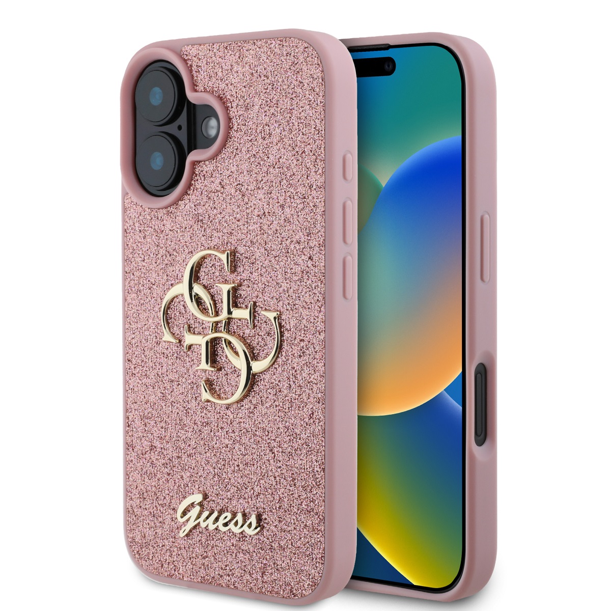 Rausvas originalus dėklas Guess PU Fixed Glitter 4G Metal Logo Rausvas originalus dėklas Guess PU Fixed Glitter 4G Metal Logo telefonui Apple iPhone 16 su blizgiu paviršiumi ir metaliniu logotipu
