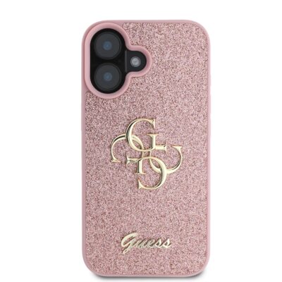 Rausvas originalus dėklas Guess PU Fixed Glitter 4G Metal Logo telefonui Apple iPhone 16 su blizgiu paviršiumi ir metaliniu logotipu