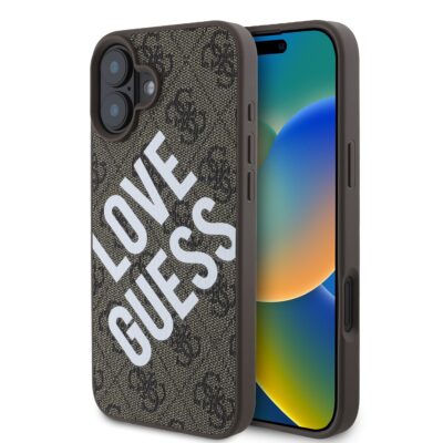 Rudas dėklas Guess PU Leather 4G Big Love Logo MagSafe telefonui Apple iPhone 16 su baltu LOVE GUESS užrašu